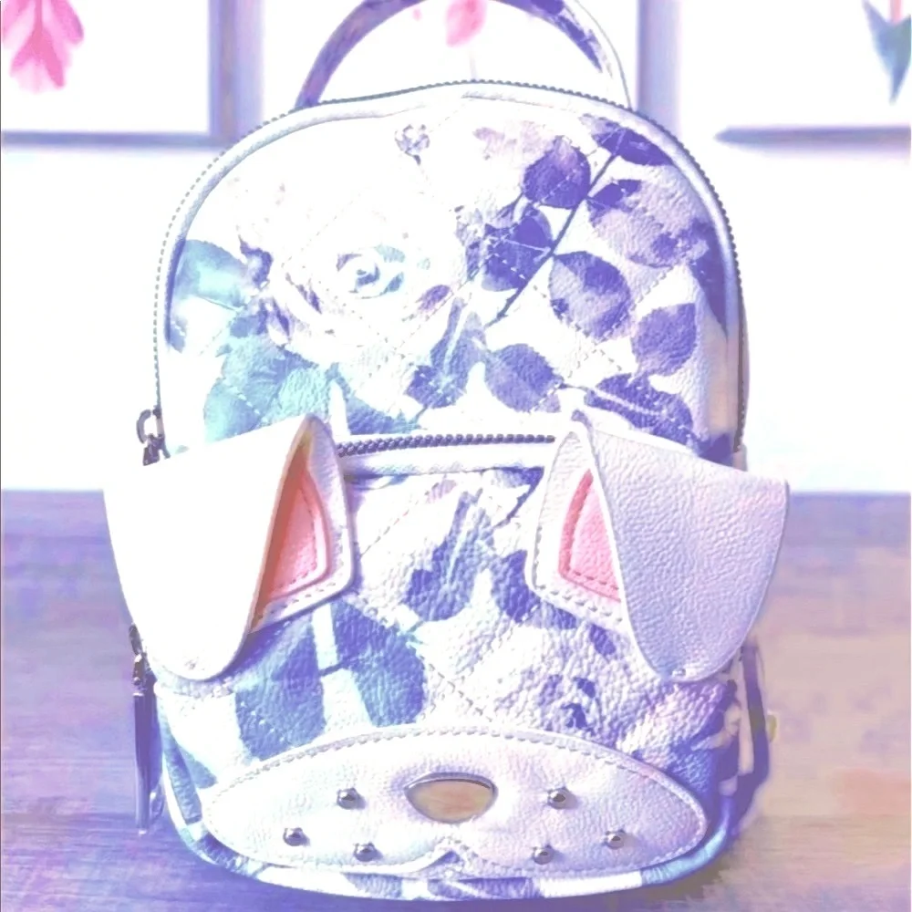 Betsey Johnson RARE vegan blue rose print white French bulldog pup mini backpack